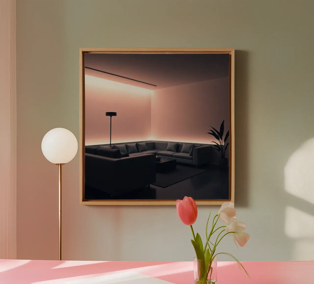 Moderne woonkamer met sfeerverlichting canvas met Baklijst van DesignDoodle
