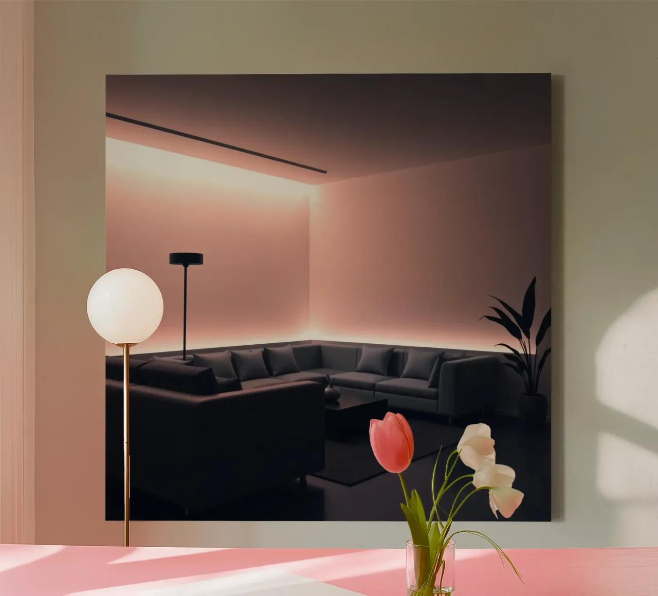 Moderne woonkamer met sfeerverlichting canvas met Baklijst van DesignDoodle