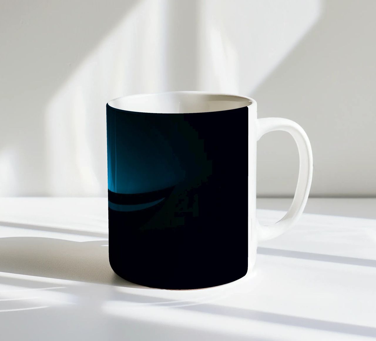 Subtle blue glow illuminating a curved surface in a dark set ceramic mug by DesignDoodle
