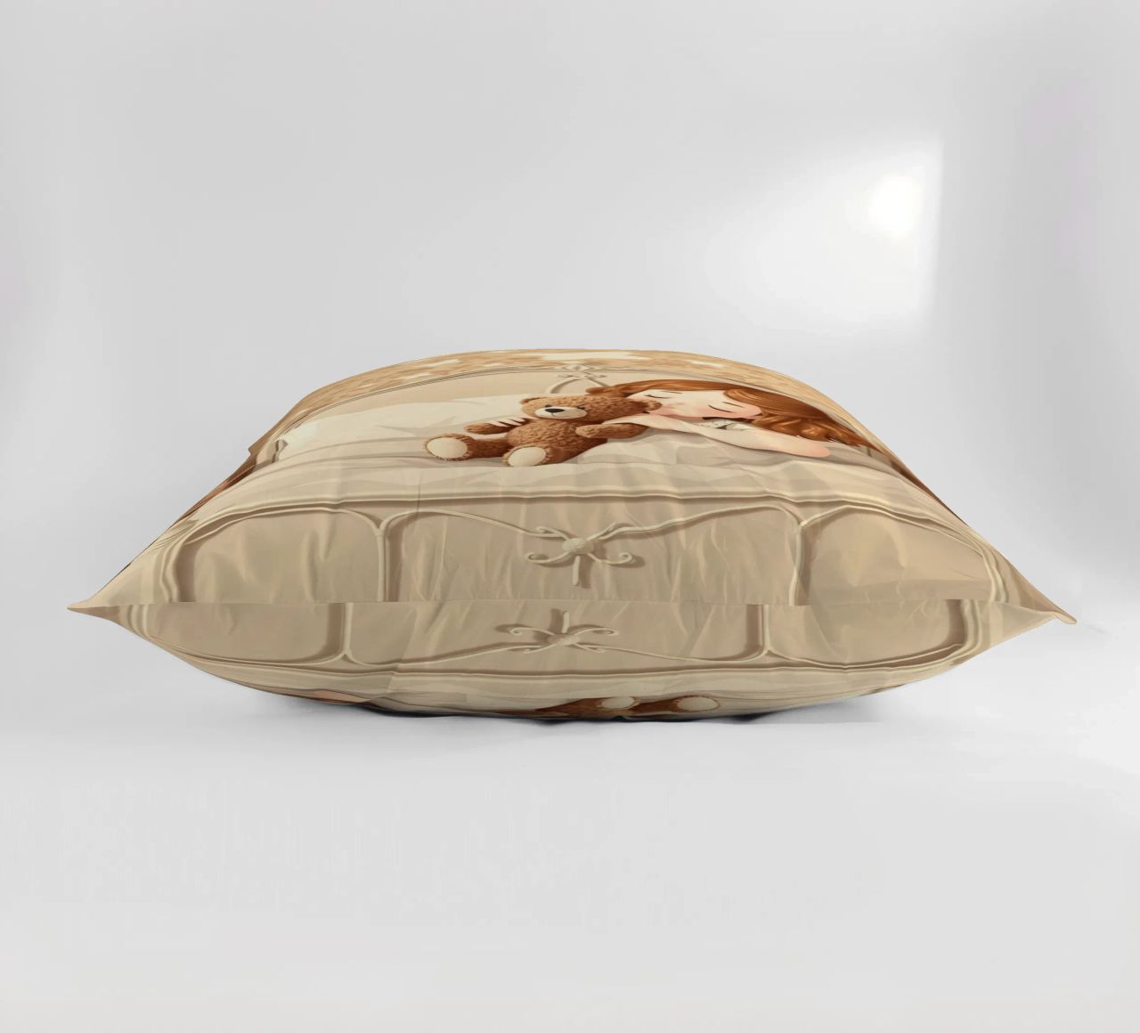 Une jeune fille dort paisiblement dans sa chambre douillette en faisant des câlins. coussin de DesignDoodle