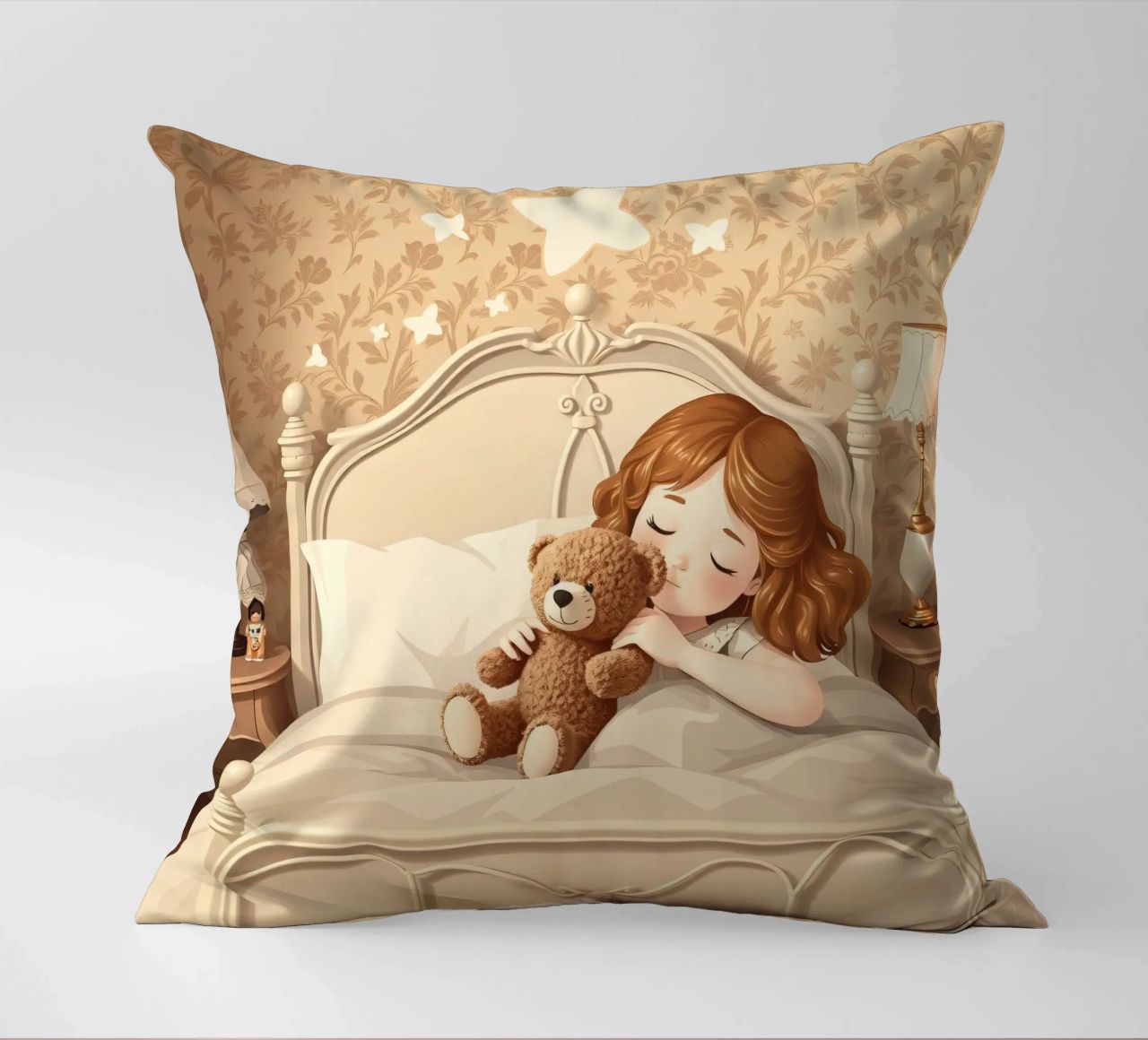 Une jeune fille dort paisiblement dans sa chambre douillette en faisant des câlins. coussin de DesignDoodle