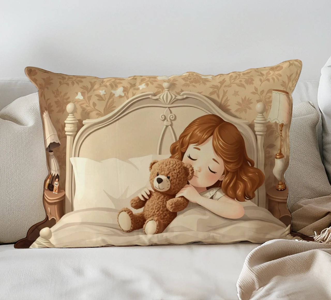 Une jeune fille dort paisiblement dans sa chambre douillette en faisant des câlins. coussin de DesignDoodle