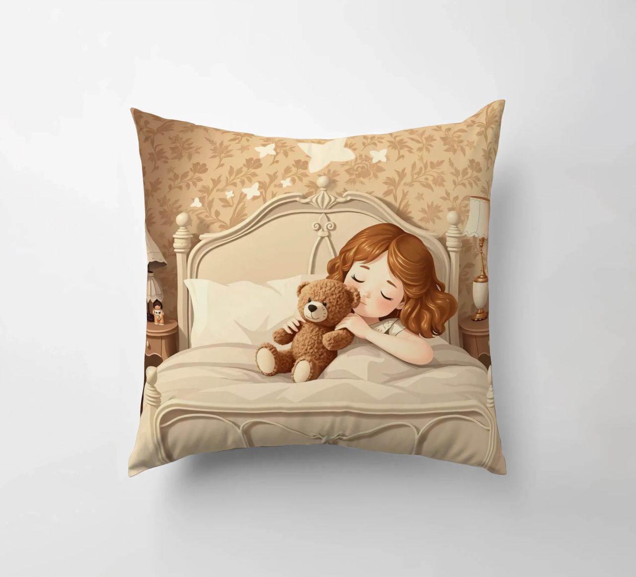 Une jeune fille dort paisiblement dans sa chambre douillette en faisant des câlins. coussin de DesignDoodle