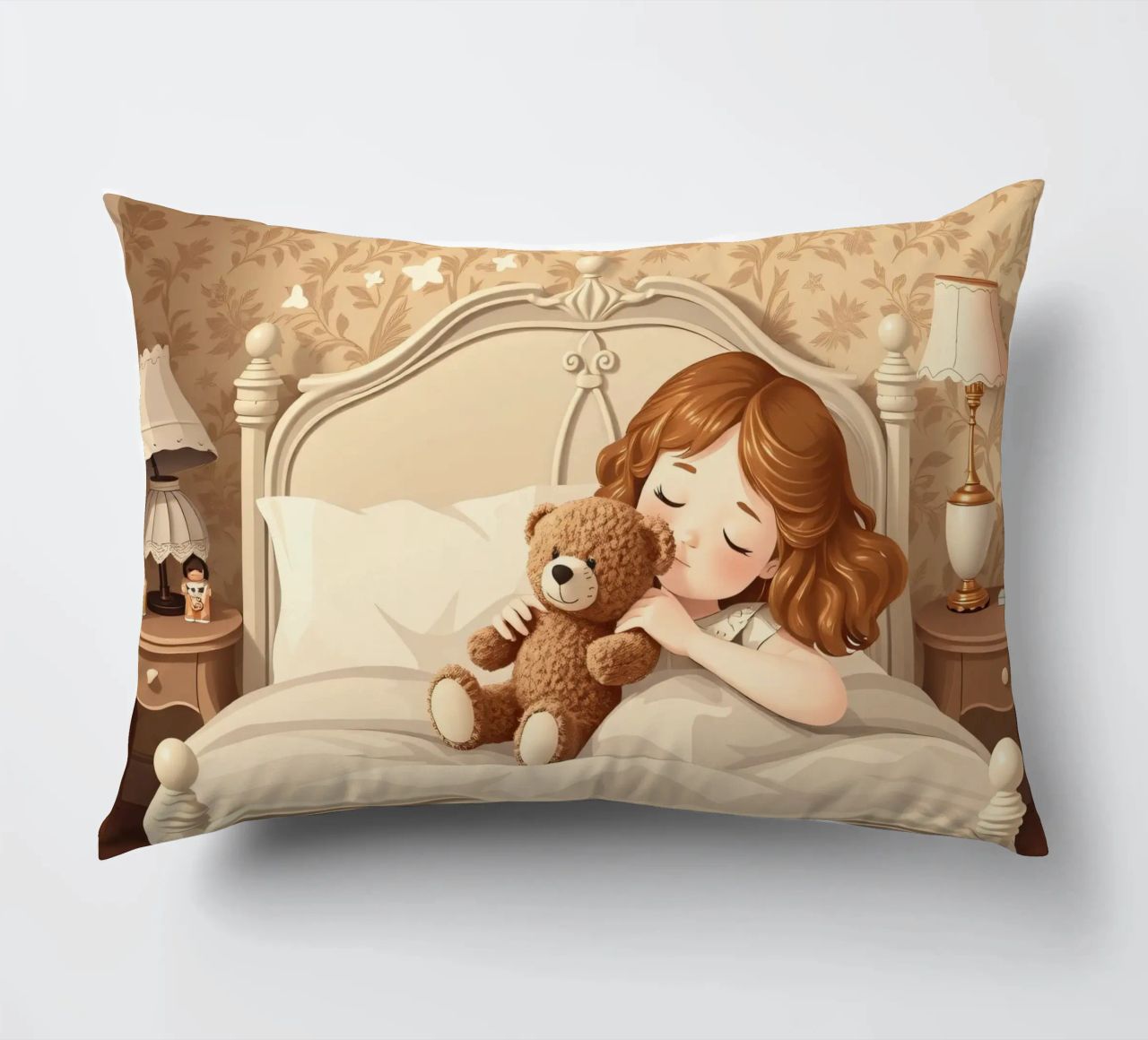 Une jeune fille dort paisiblement dans sa chambre douillette en faisant des câlins. coussin de DesignDoodle