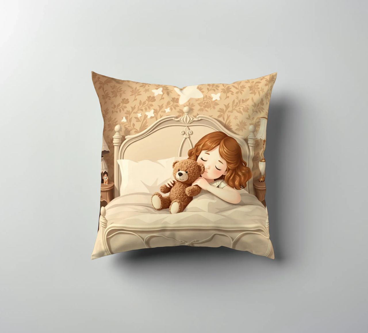 Une jeune fille dort paisiblement dans sa chambre douillette en faisant des câlins. coussin de DesignDoodle