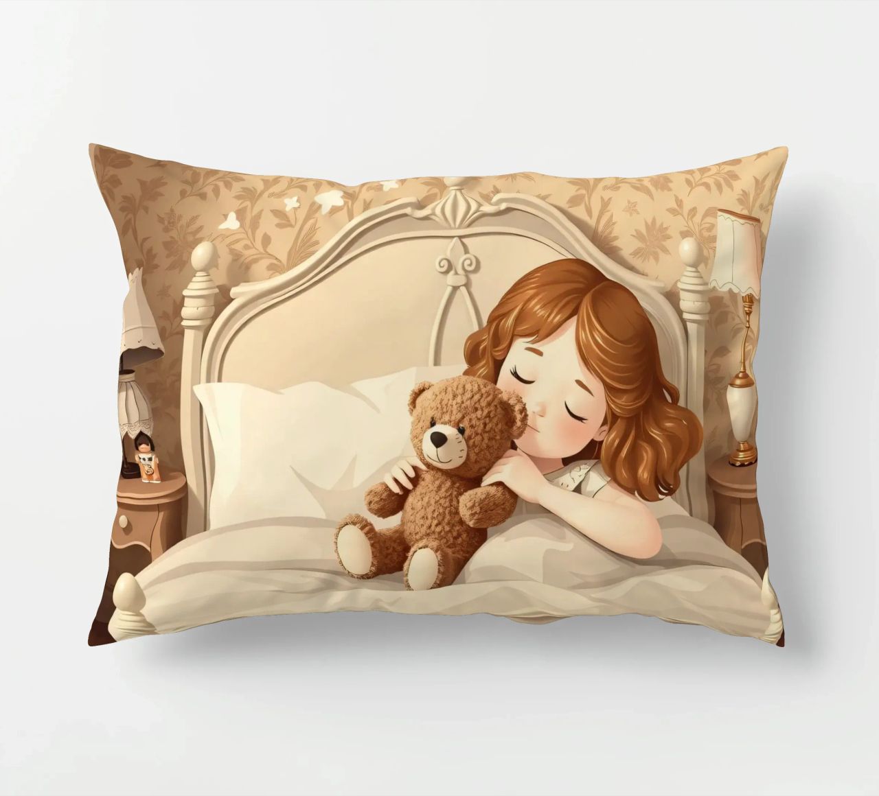 Une jeune fille dort paisiblement dans sa chambre douillette en faisant des câlins. coussin de DesignDoodle