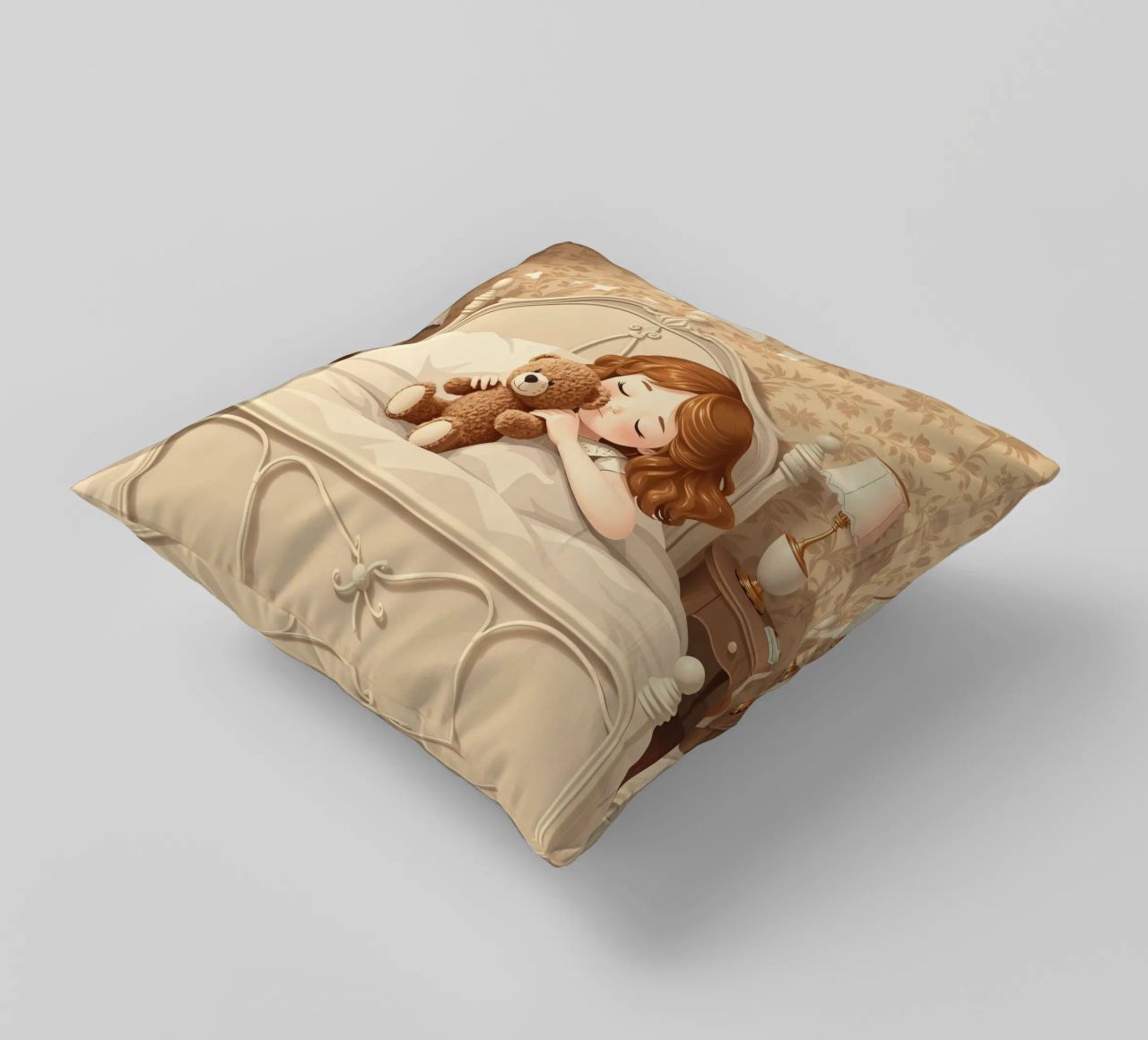 Une jeune fille dort paisiblement dans sa chambre douillette en faisant des câlins. coussin de DesignDoodle