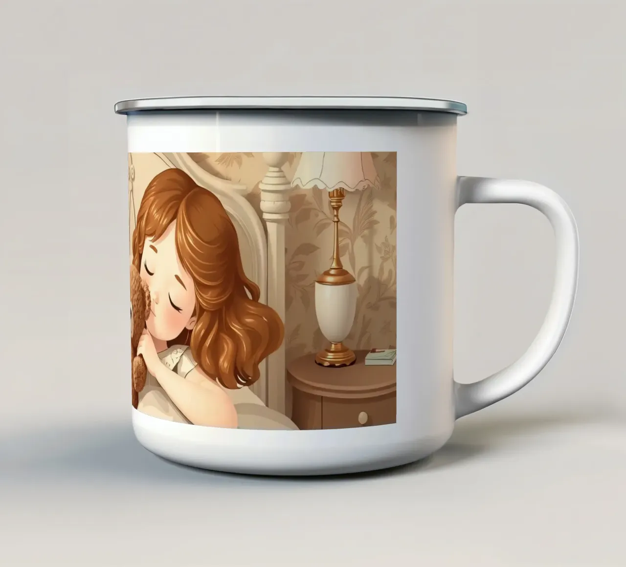 Una giovane ragazza dorme serenamente nella sua accogliente camera da letto coccolandosi tazza in smalto da DesignDoodle