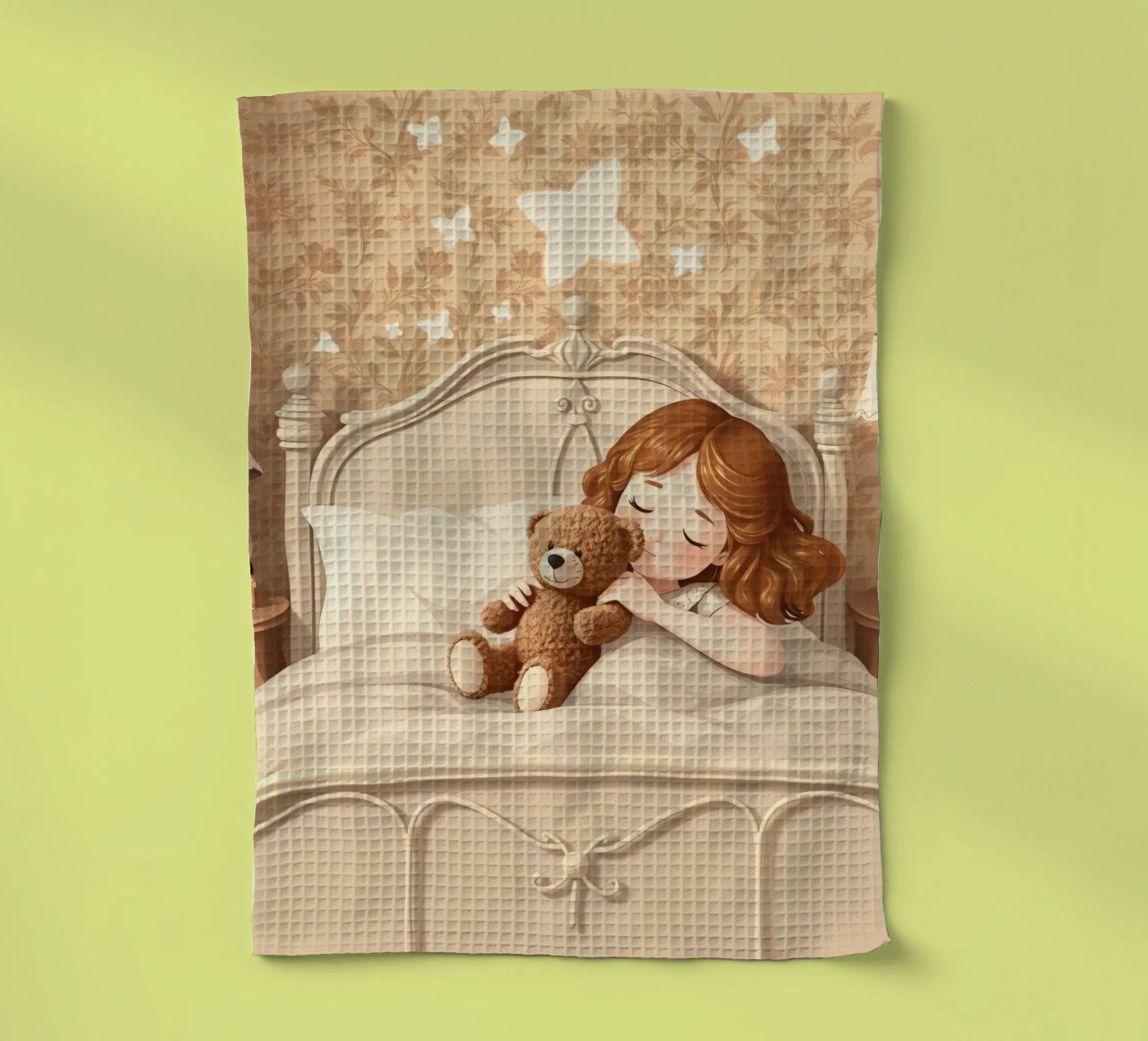 Une jeune fille dort paisiblement dans sa chambre douillette en faisant des câlins. torchon de DesignDoodle