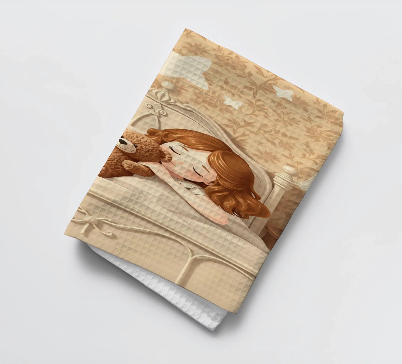 Une jeune fille dort paisiblement dans sa chambre douillette en faisant des câlins. torchon de DesignDoodle