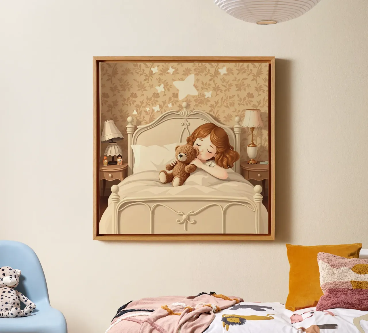 Una giovane ragazza dorme serenamente nella sua accogliente camera da letto coccolandosi tela con Cornice a cassetta da DesignDoodle