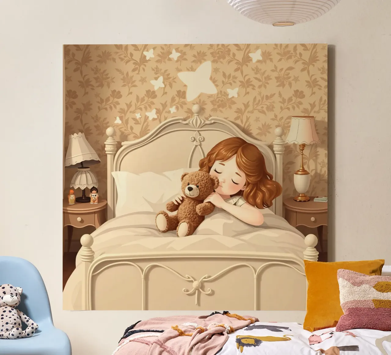 Una giovane ragazza dorme serenamente nella sua accogliente camera da letto coccolandosi tela con Cornice a cassetta da DesignDoodle