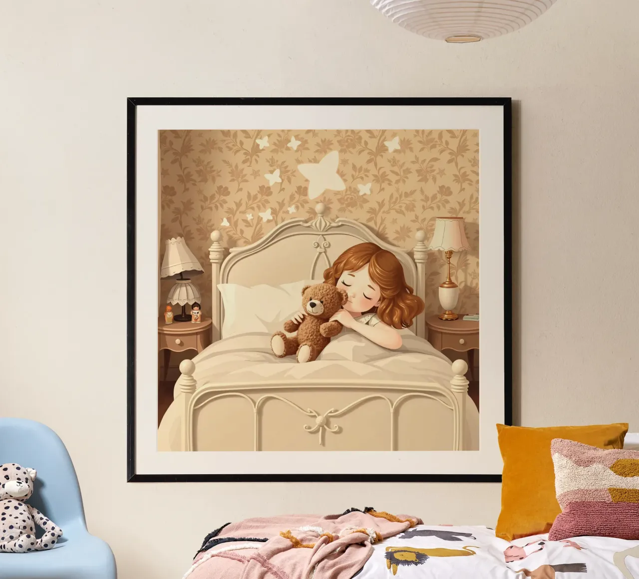 Una giovane ragazza dorme serenamente nella sua accogliente camera da letto coccolandosi poster da DesignDoodle