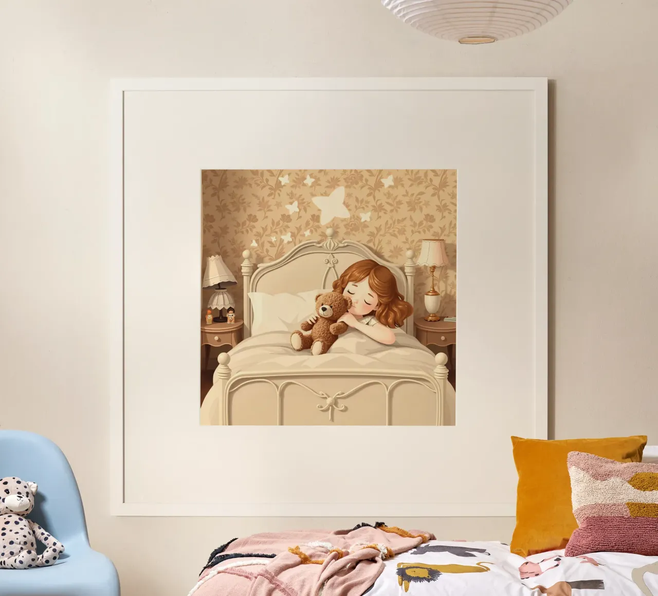 Una giovane ragazza dorme serenamente nella sua accogliente camera da letto coccolandosi poster da DesignDoodle