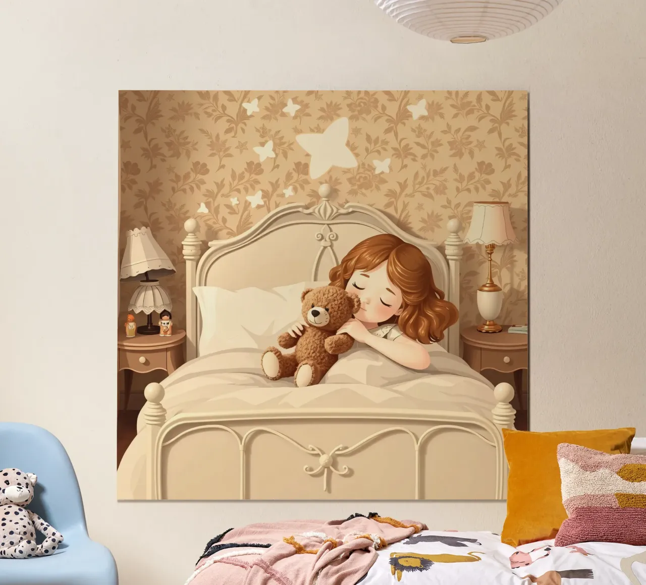 Una giovane ragazza dorme serenamente nella sua accogliente camera da letto coccolandosi poster da DesignDoodle