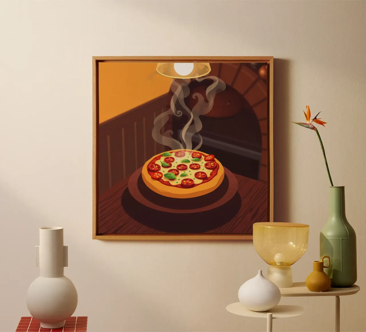 Freshly baked pizza with tomatoes and herbs steaming canvas with Floater frame by DesignDoodle