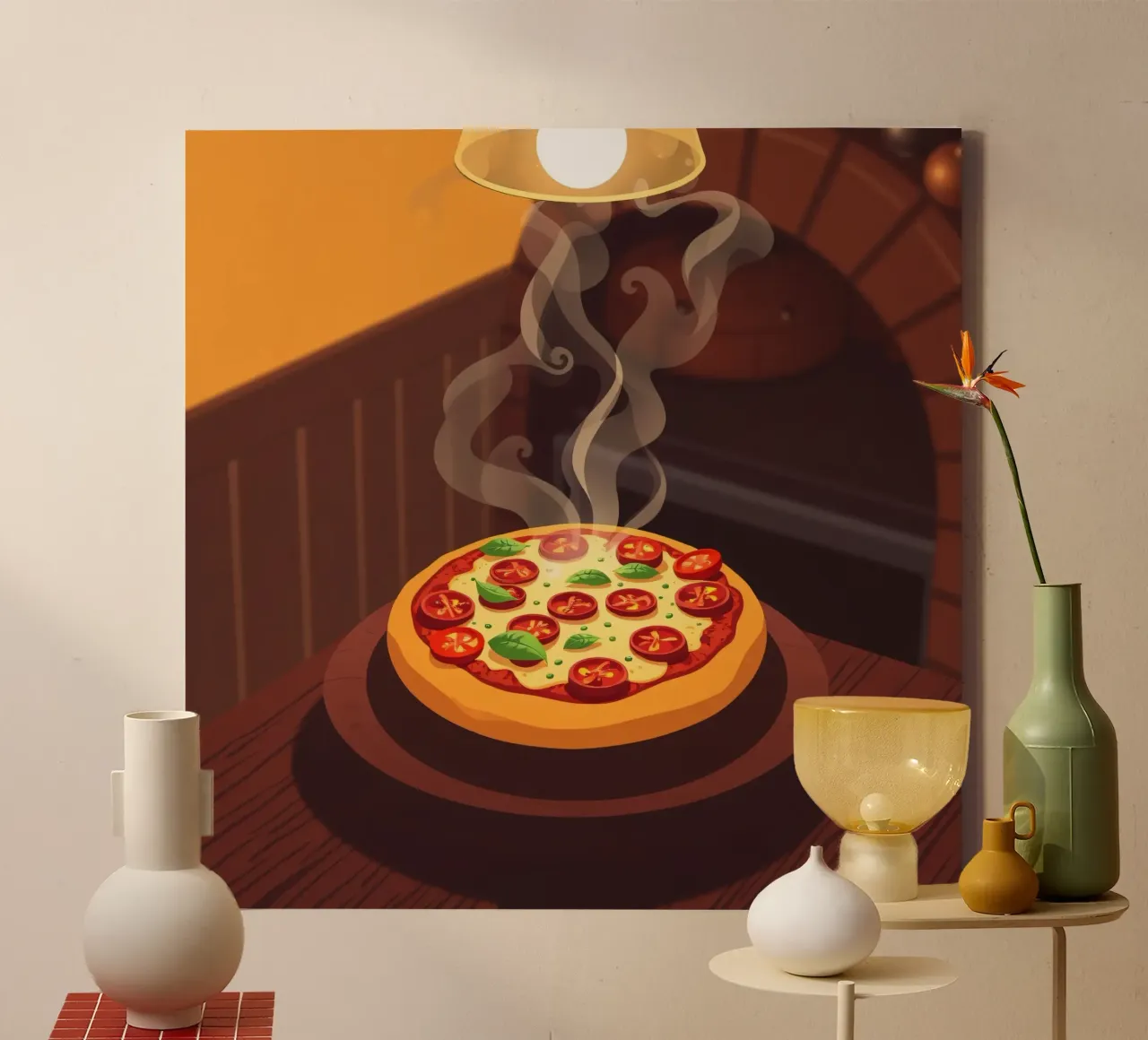 Freshly baked pizza with tomatoes and herbs steaming canvas with Floater frame by DesignDoodle