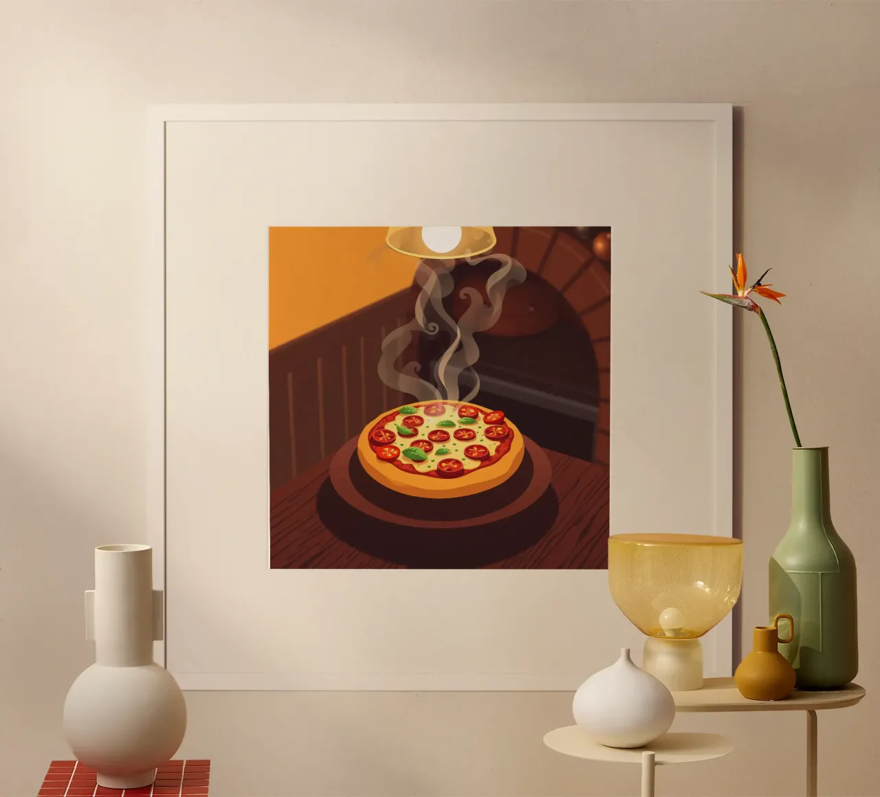 Freshly baked pizza with tomatoes and herbs steaming poster with plastic frame by DesignDoodle