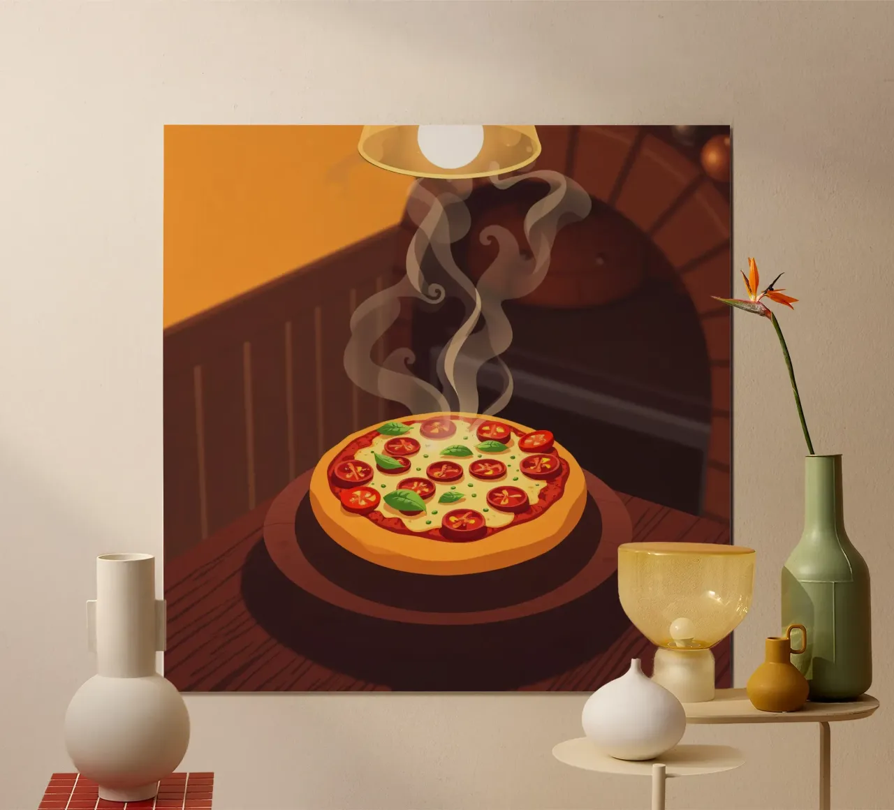 Freshly baked pizza with tomatoes and herbs steaming poster with plastic frame by DesignDoodle