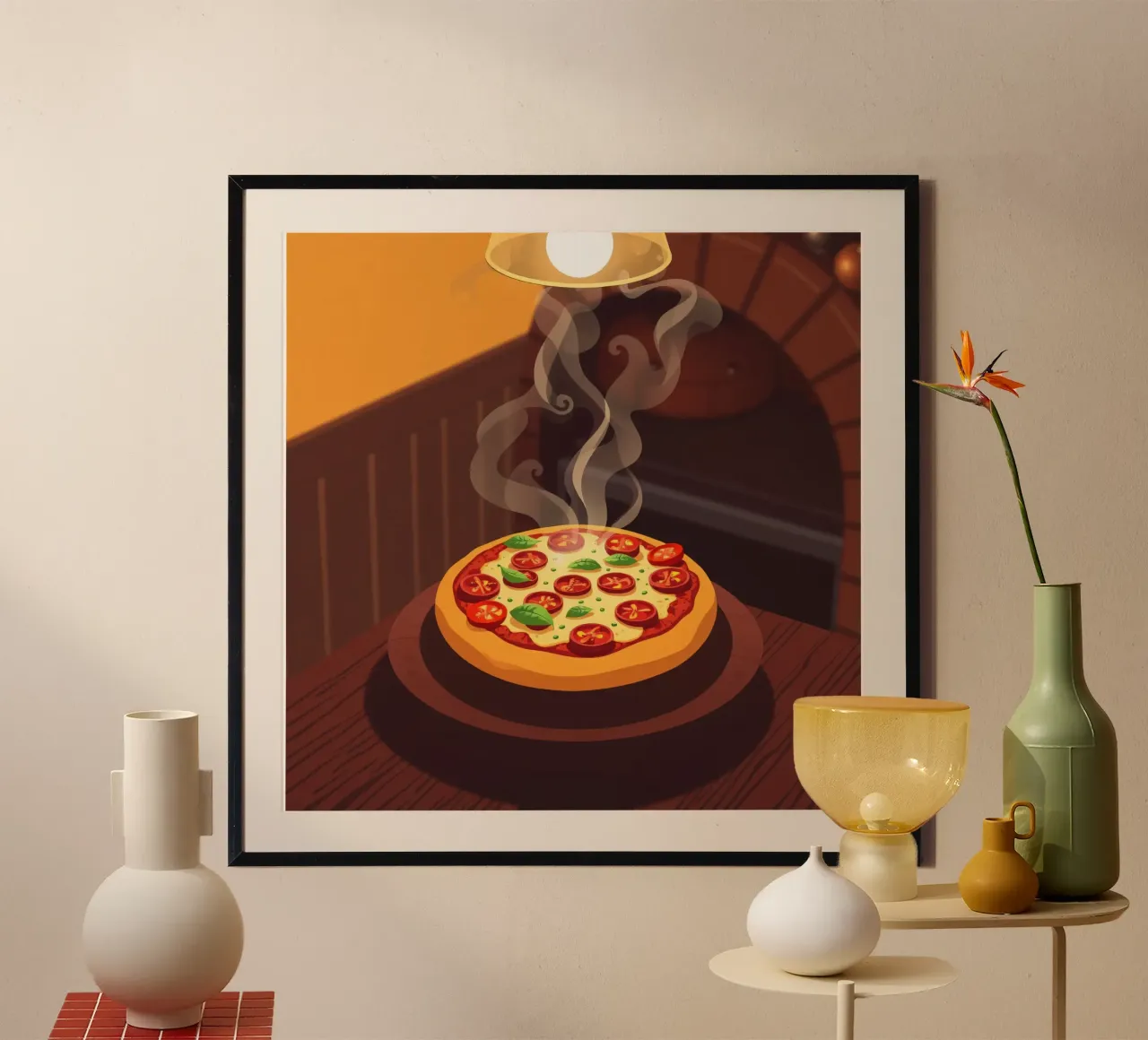 Freshly baked pizza with tomatoes and herbs steaming poster with plastic frame by DesignDoodle