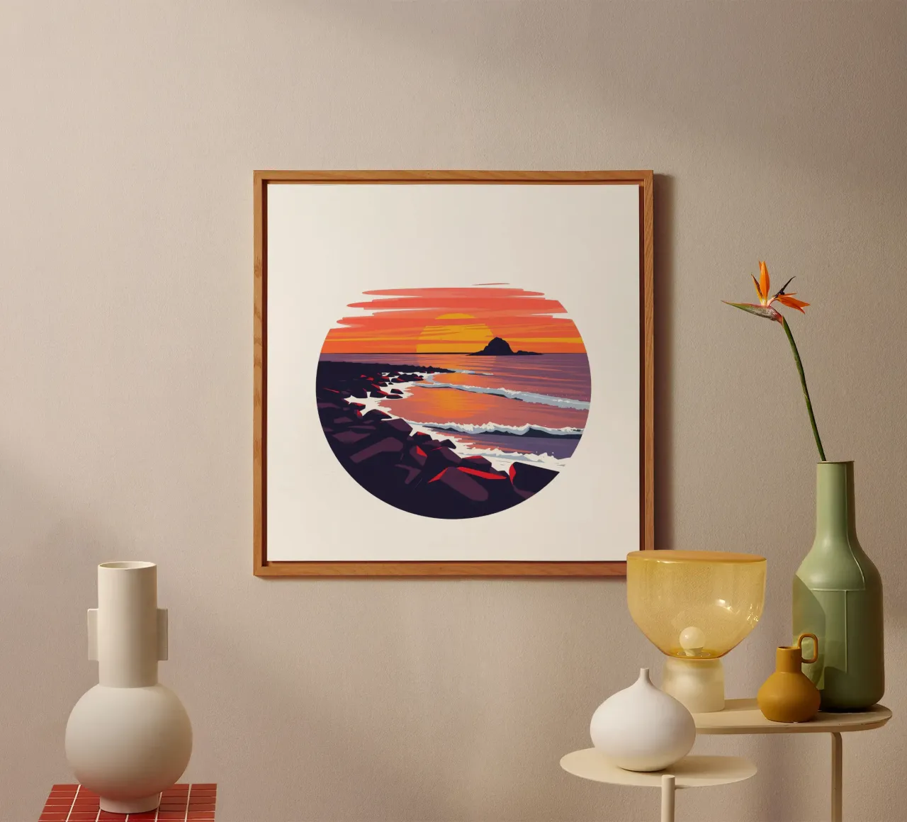 Prachtige zonsondergang boven een rotsachtige kustlijn met zachte golven aluminium-dibond van DesignDoodle