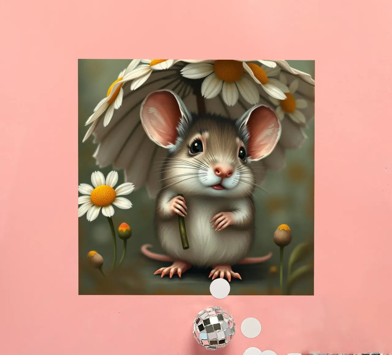 Une jolie souris abritée sous un parapluie de marguerites autocollant de DesignDoodle