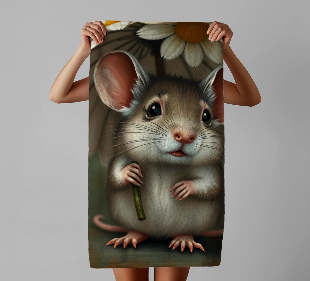 A cute mouse sheltered under a daisy umbrella towel by DesignDoodle