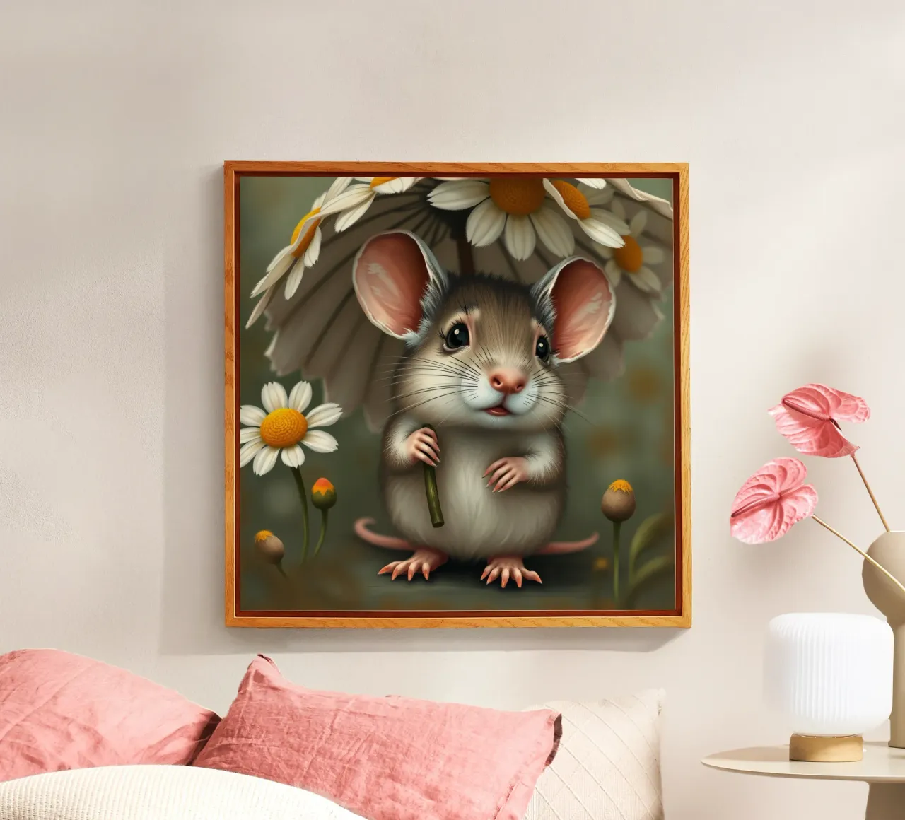Eine niedliche Maus, die unter einem Gänseblümchenschirm Schutz sucht Acryl-Glas von DesignDoodle