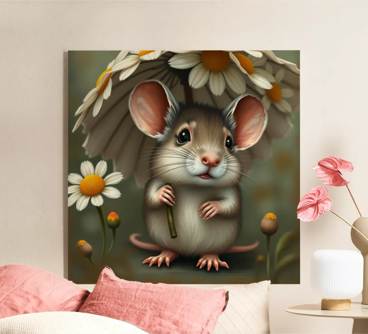 Eine niedliche Maus, die unter einem Gänseblümchenschirm Schutz sucht Acryl-Glas von DesignDoodle