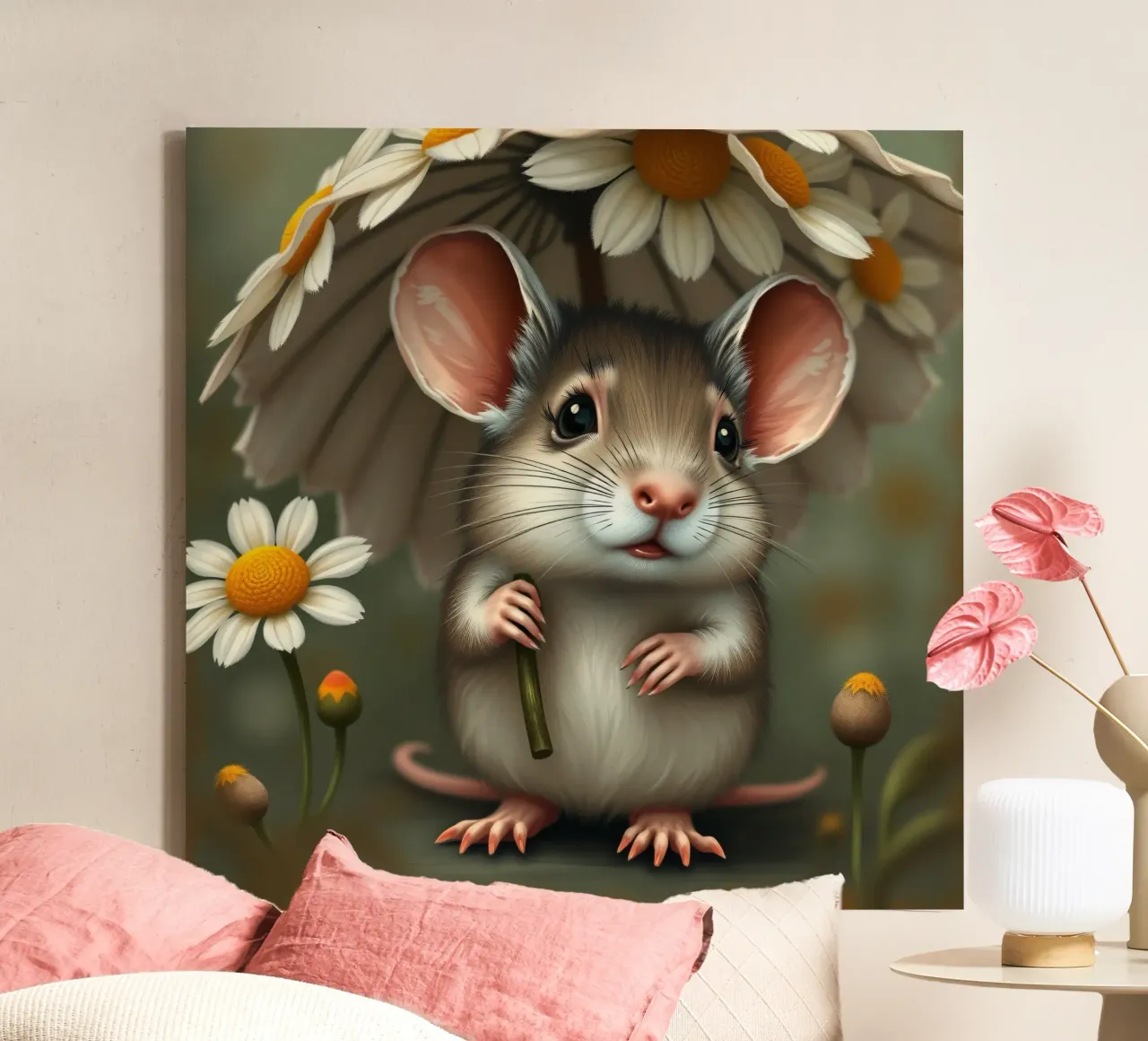 A cute mouse sheltered under a daisy umbrella canvas with Floater frame by DesignDoodle