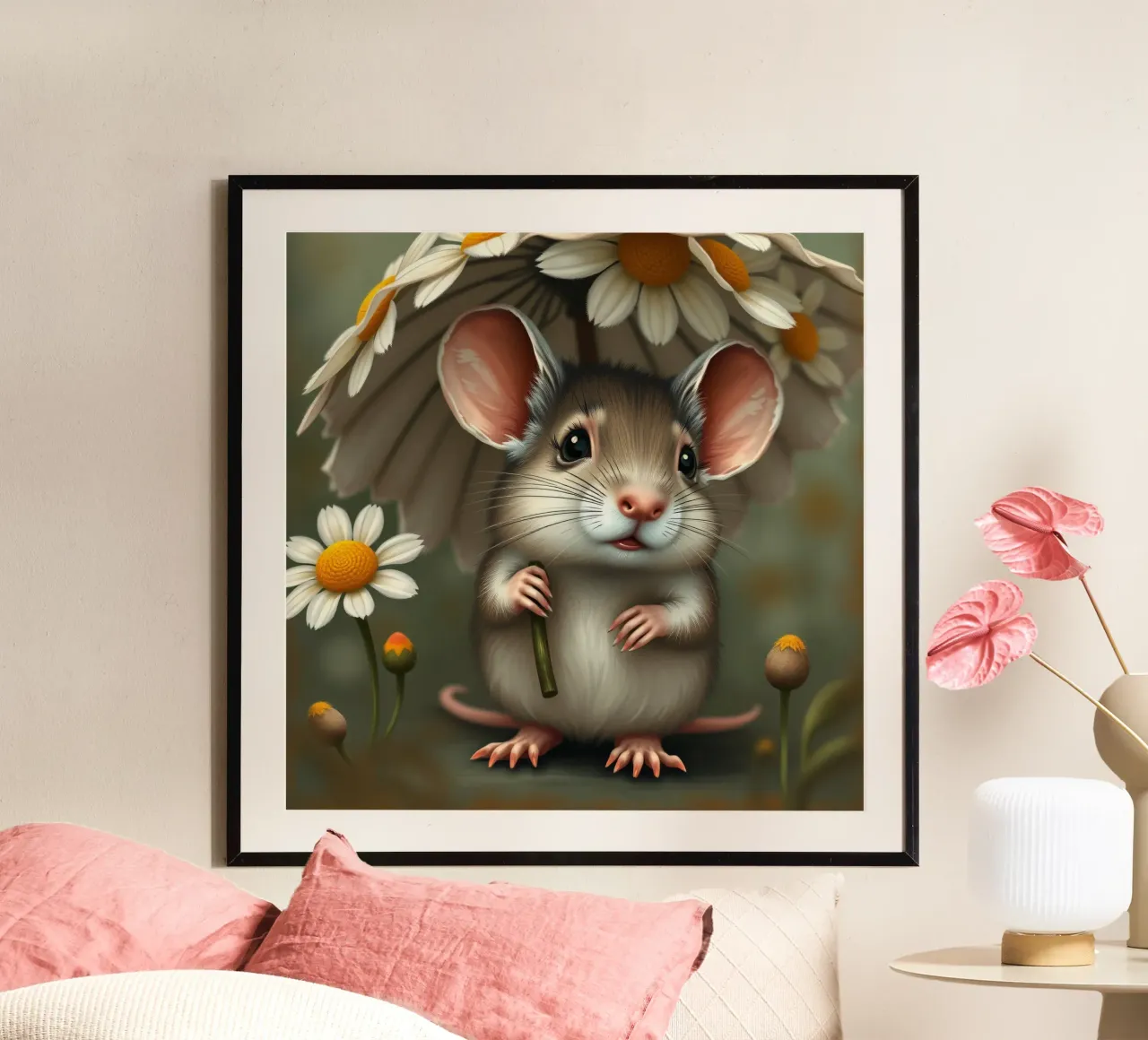 Une jolie souris abritée sous un parapluie de marguerites hahnemühle de DesignDoodle
