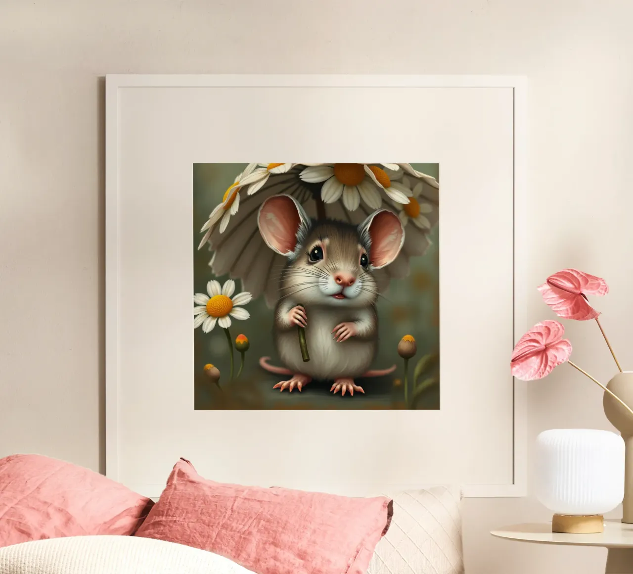 Une jolie souris abritée sous un parapluie de marguerites hahnemühle de DesignDoodle