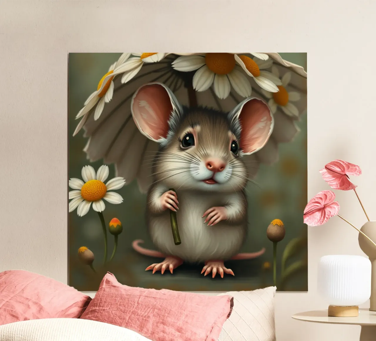 Une jolie souris abritée sous un parapluie de marguerites hahnemühle de DesignDoodle