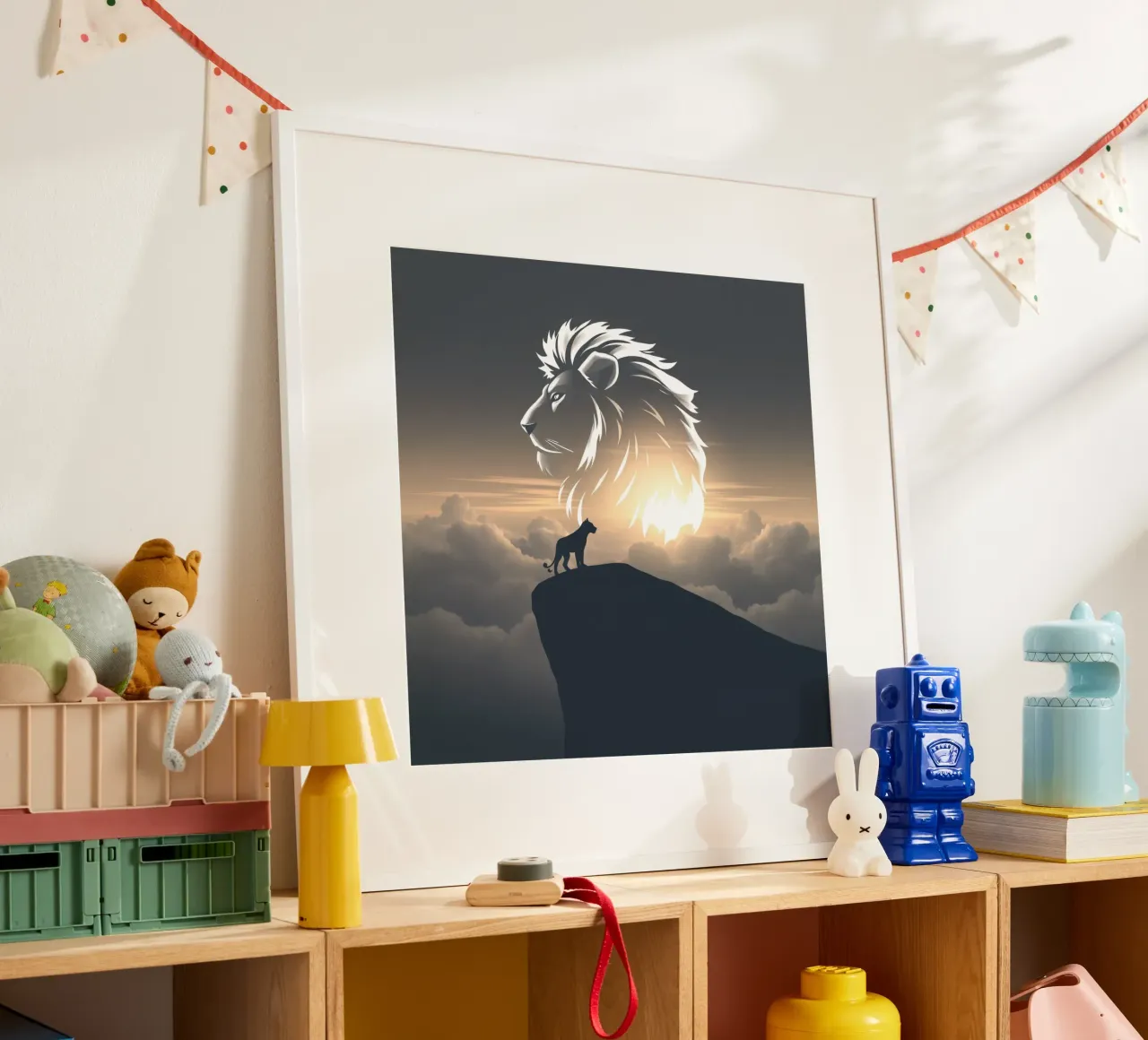 Majestic lion silhouette overlooking clouds at sunset poster with plastic frame by DesignDoodle