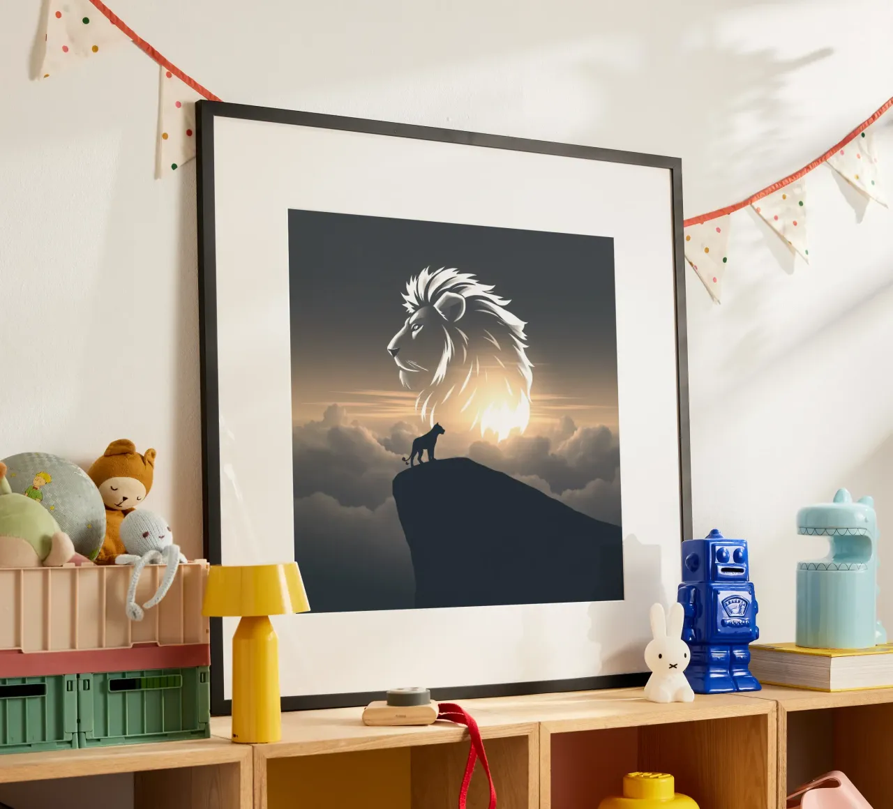 Majestic lion silhouette overlooking clouds at sunset poster with plastic frame by DesignDoodle