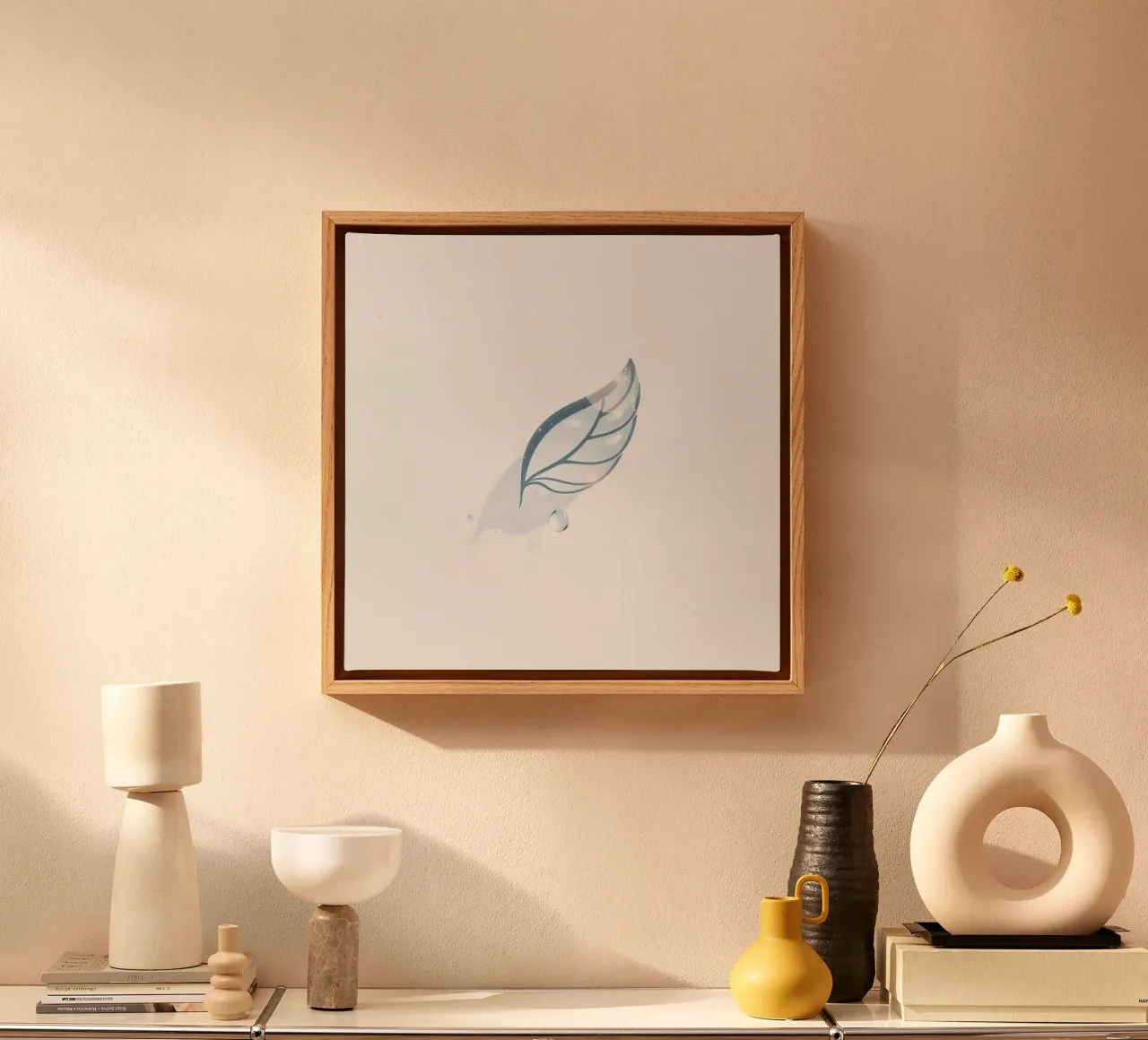 Elegant water droplet resting on a delicate leaf design agai canvas with Floater frame by DesignDoodle