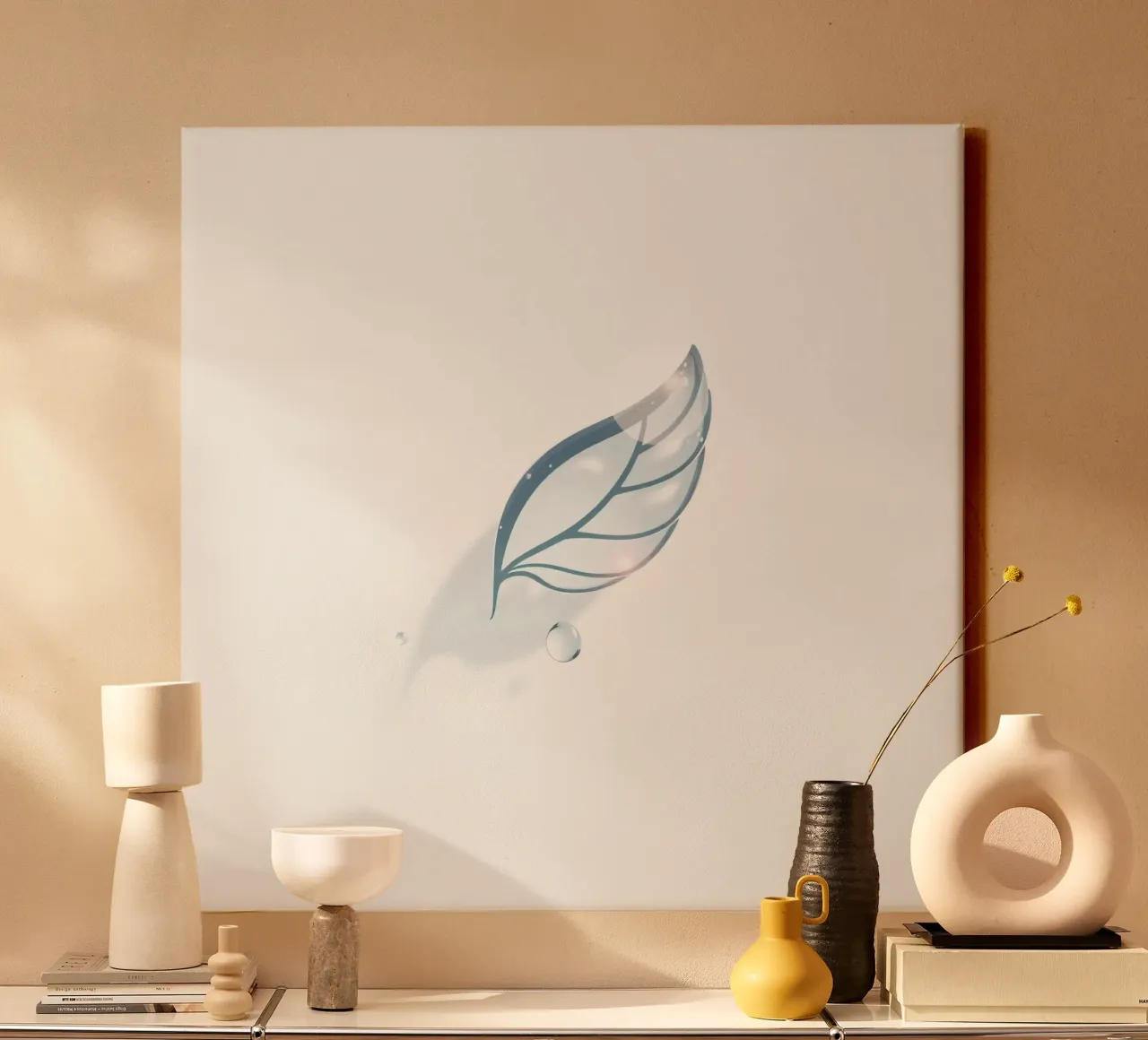 Elegant water droplet resting on a delicate leaf design agai canvas with Floater frame by DesignDoodle
