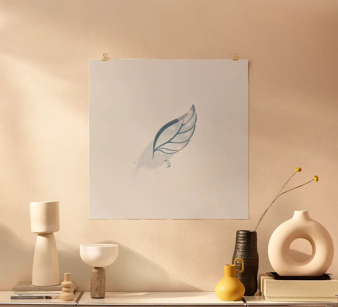 Elegant water droplet resting on a delicate leaf design agai poster with aluminum frame by DesignDoodle