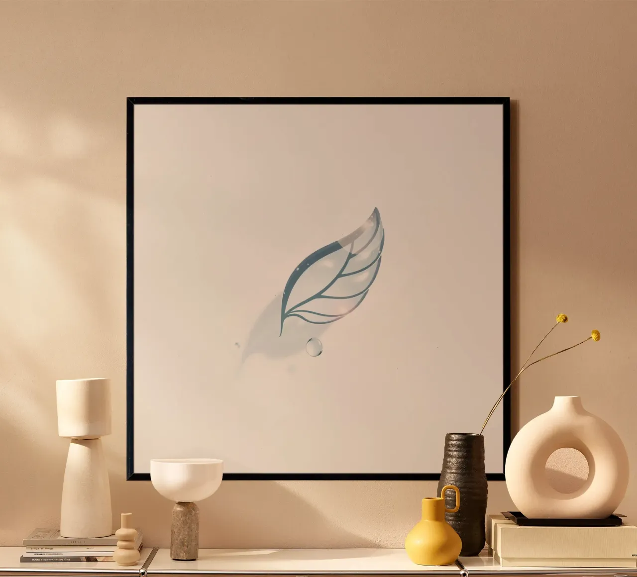 Elegant water droplet resting on a delicate leaf design agai poster with aluminum frame by DesignDoodle