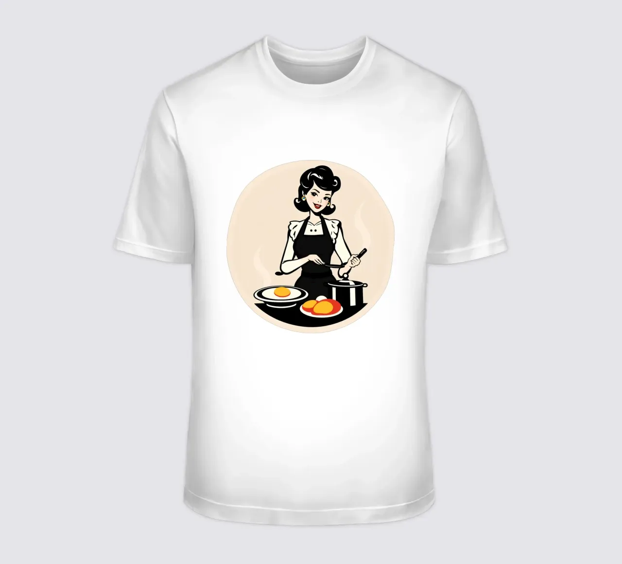 Un'ambientazione vintage in cucina dove una donna con il grembiule cucina t-shirt da DesignDoodle
