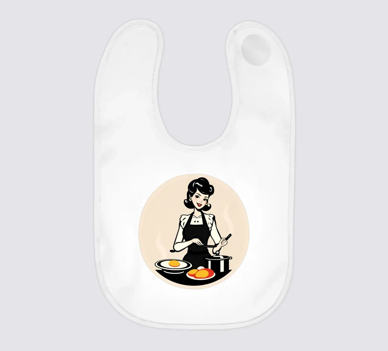 Un'ambientazione vintage in cucina dove una donna con il grembiule cucina bavaglino da DesignDoodle