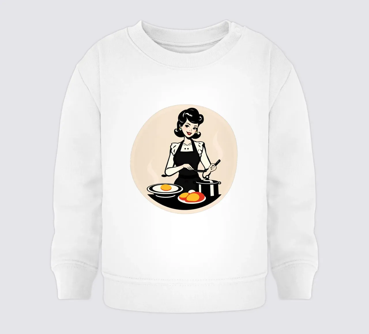 Un'ambientazione vintage in cucina dove una donna con il grembiule cucina felpa neonato da DesignDoodle