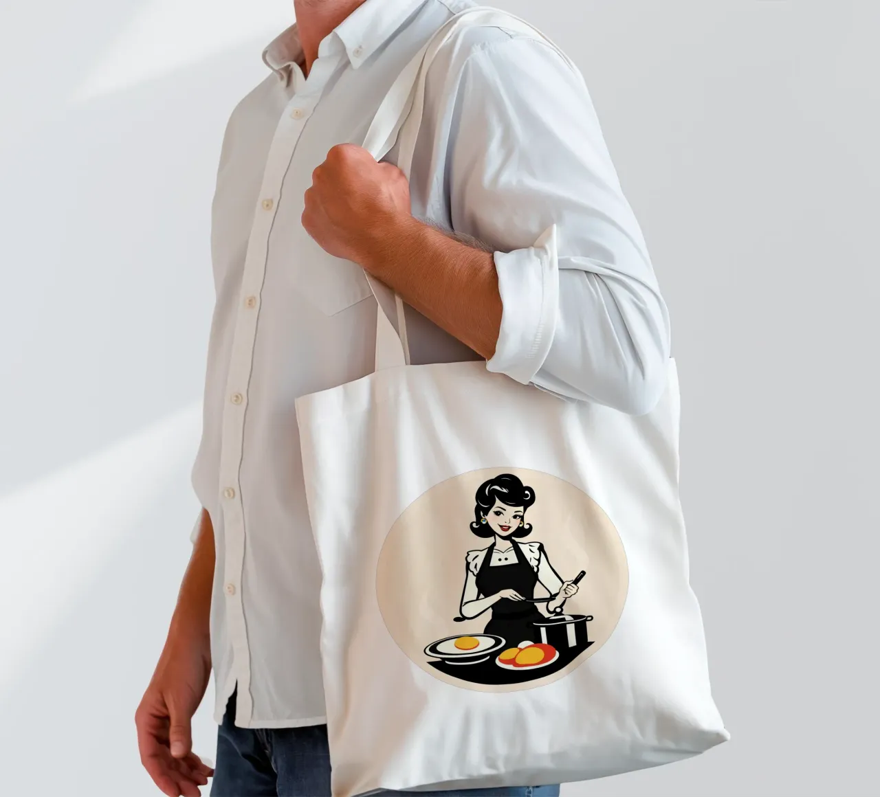 Un'ambientazione vintage in cucina dove una donna con il grembiule cucina borsa in juta da DesignDoodle