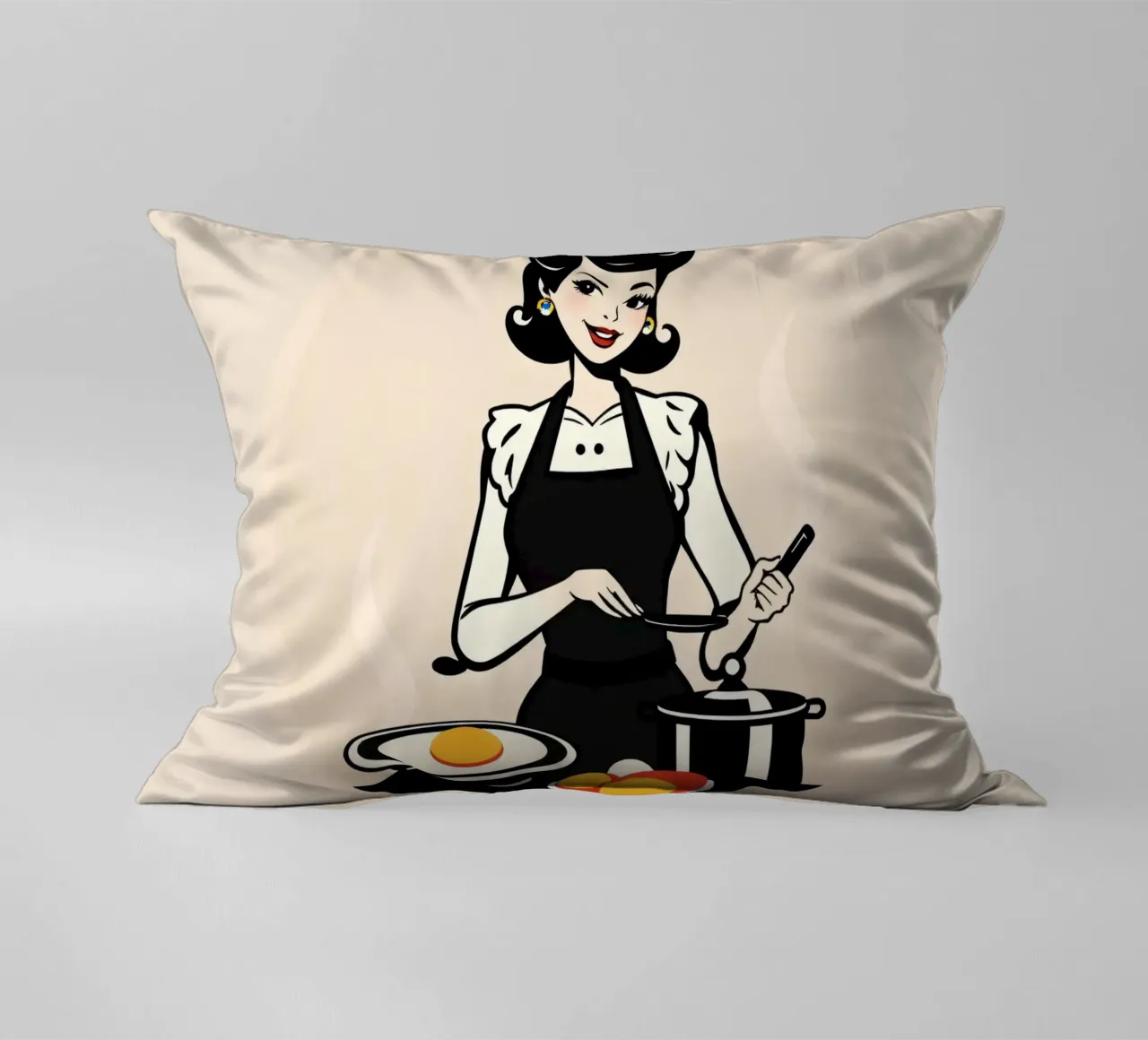 Un'ambientazione vintage in cucina dove una donna con il grembiule cucina cuscino da DesignDoodle