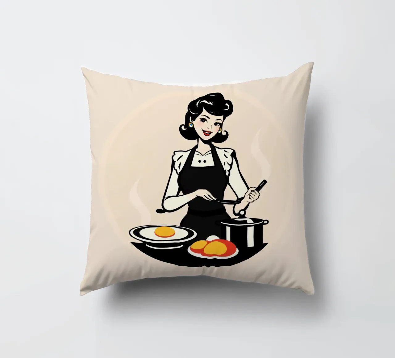 Un'ambientazione vintage in cucina dove una donna con il grembiule cucina cuscino da DesignDoodle