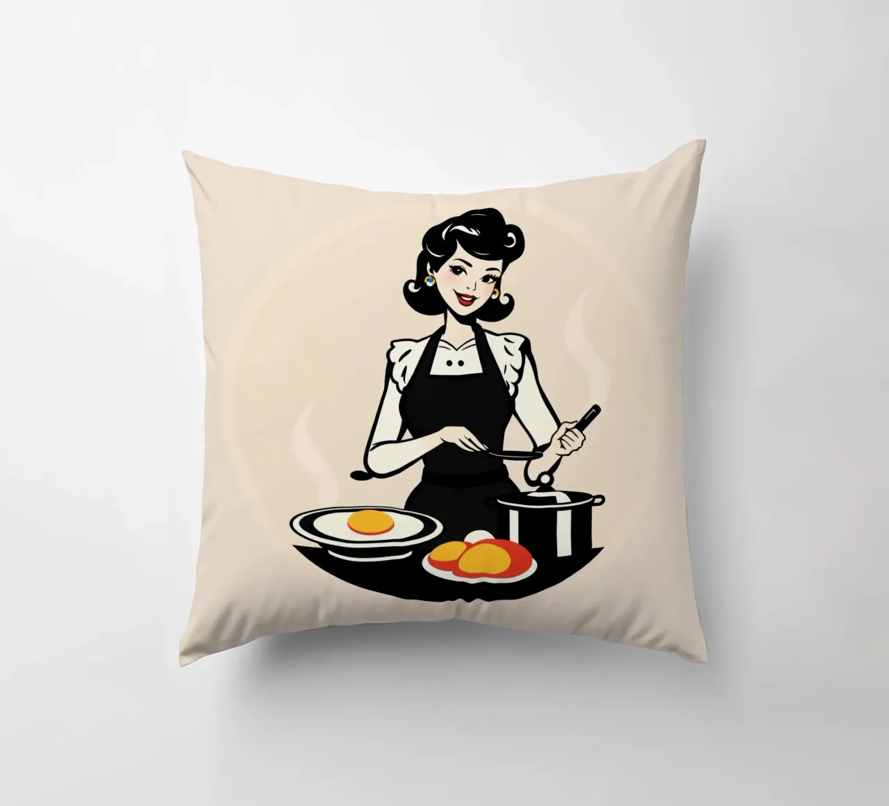 Un'ambientazione vintage in cucina dove una donna con il grembiule cucina cuscino da DesignDoodle