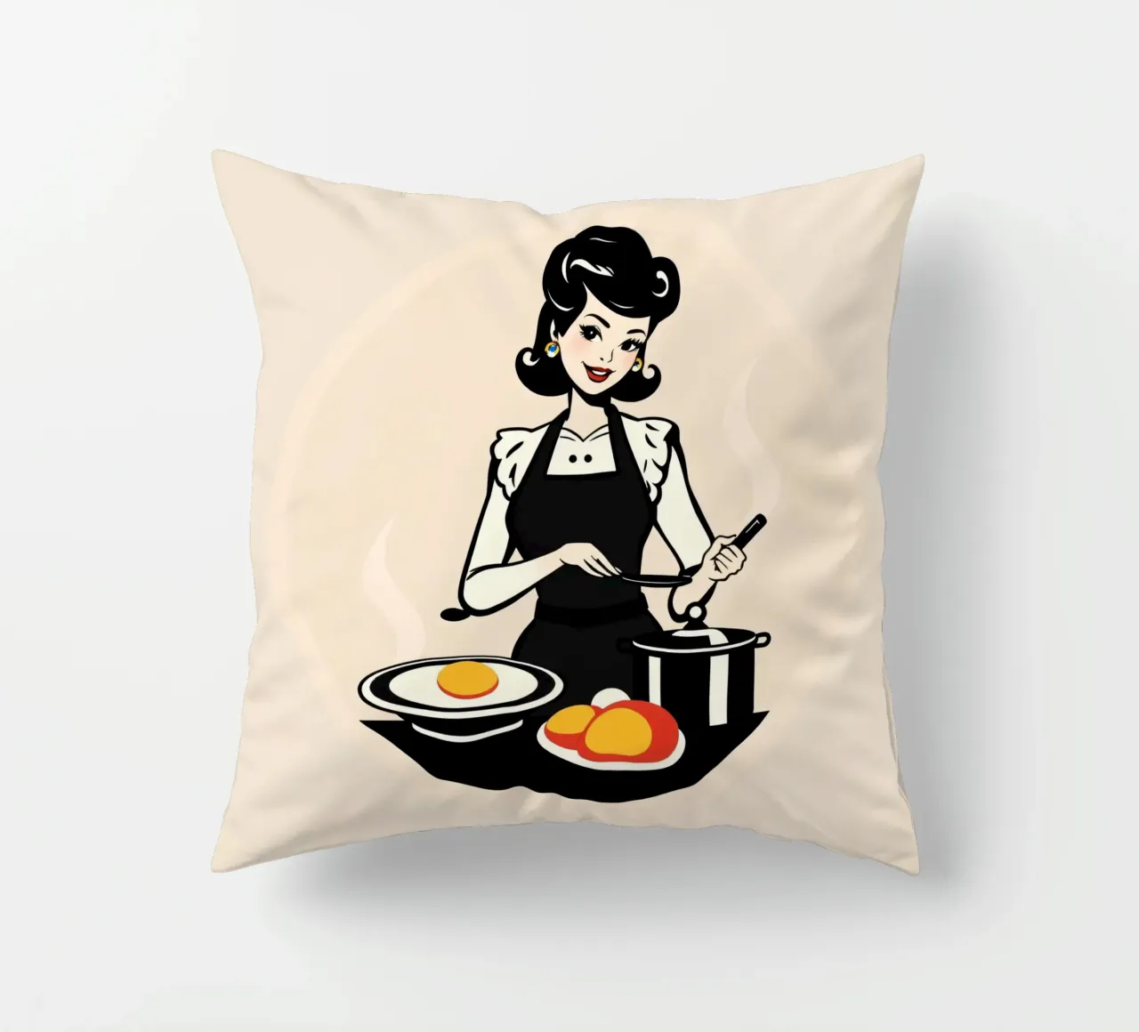 Un'ambientazione vintage in cucina dove una donna con il grembiule cucina cuscino da DesignDoodle