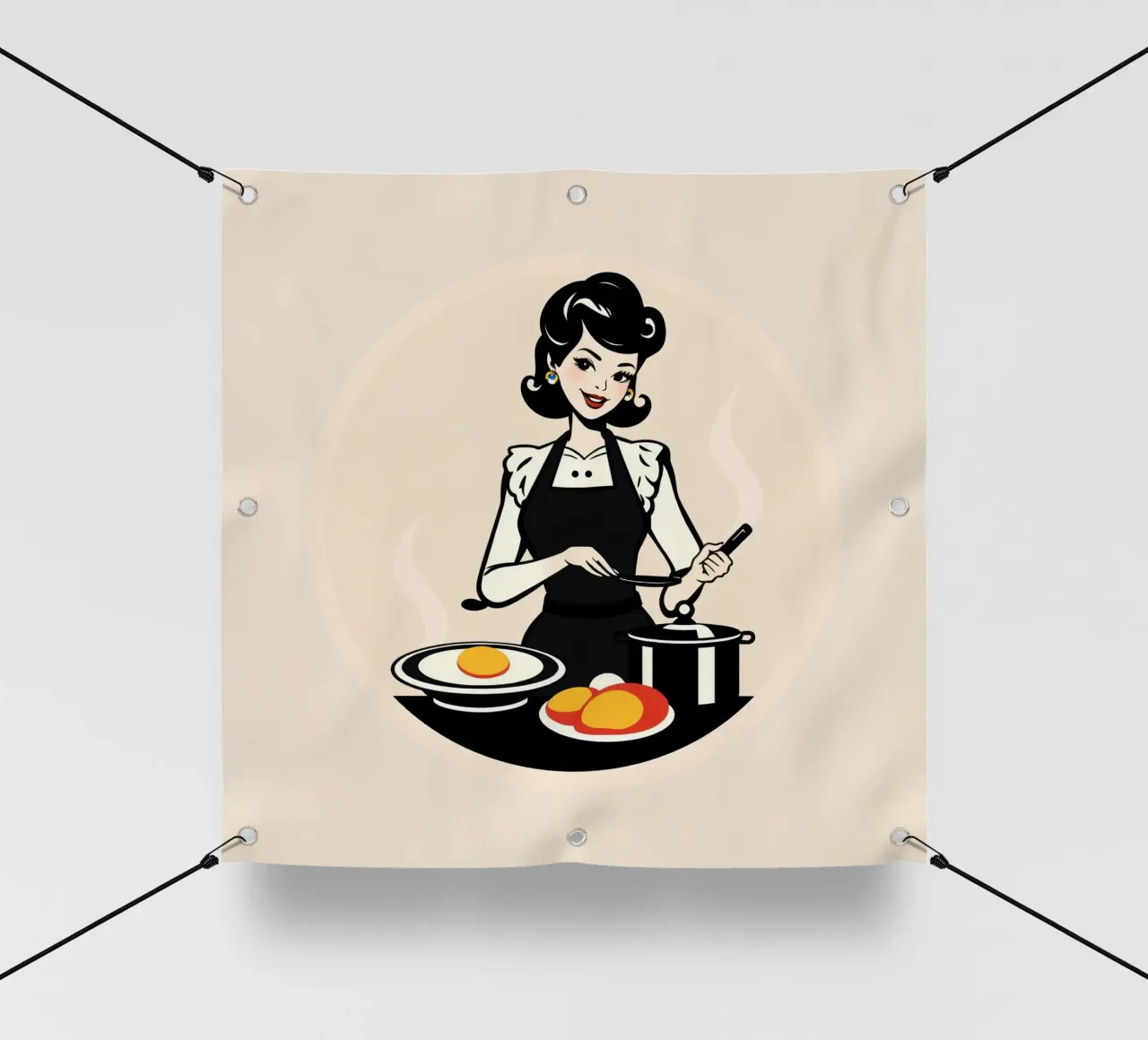 Un'ambientazione vintage in cucina dove una donna con il grembiule cucina telo in pvc da DesignDoodle