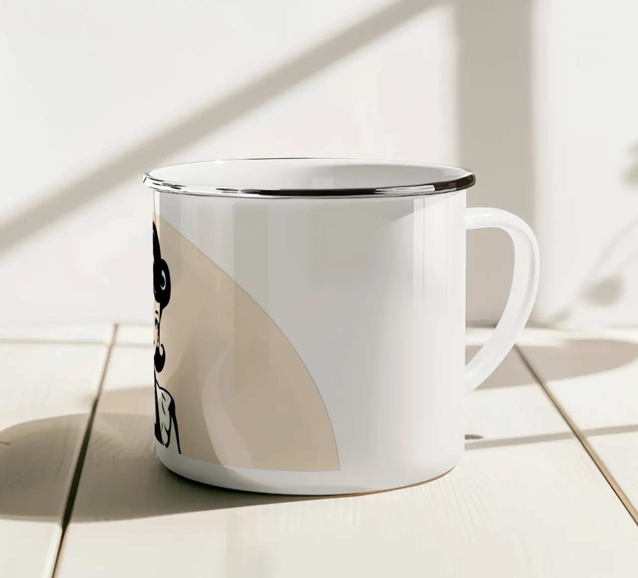 Un'ambientazione vintage in cucina dove una donna con il grembiule cucina tazza in smalto da DesignDoodle