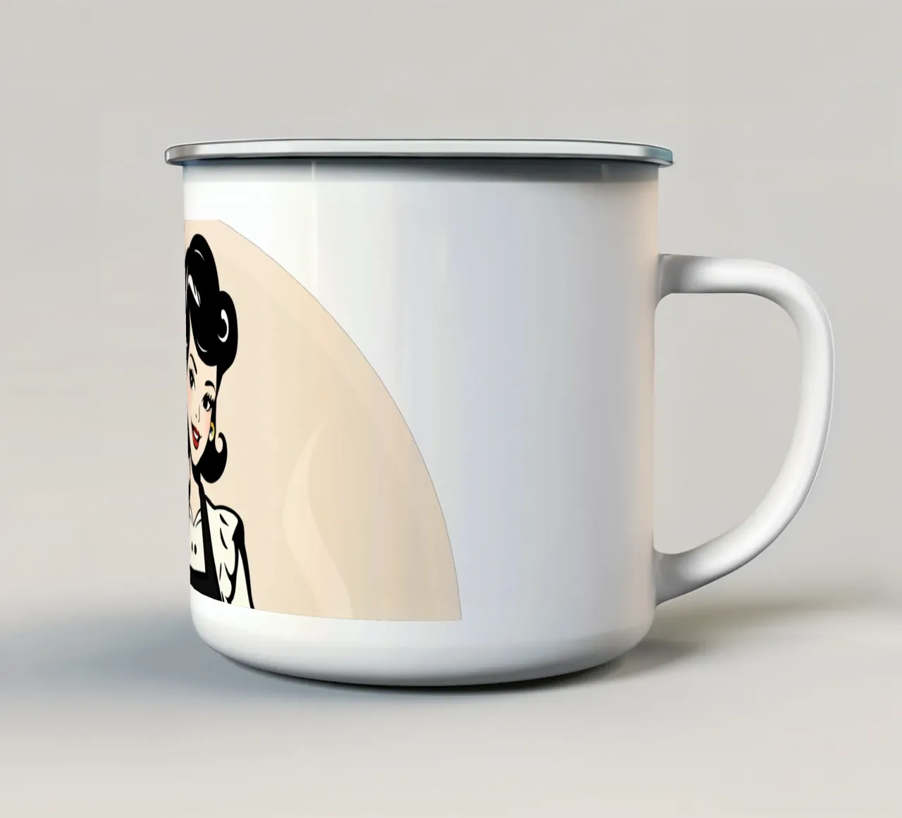 Un'ambientazione vintage in cucina dove una donna con il grembiule cucina tazza in smalto da DesignDoodle